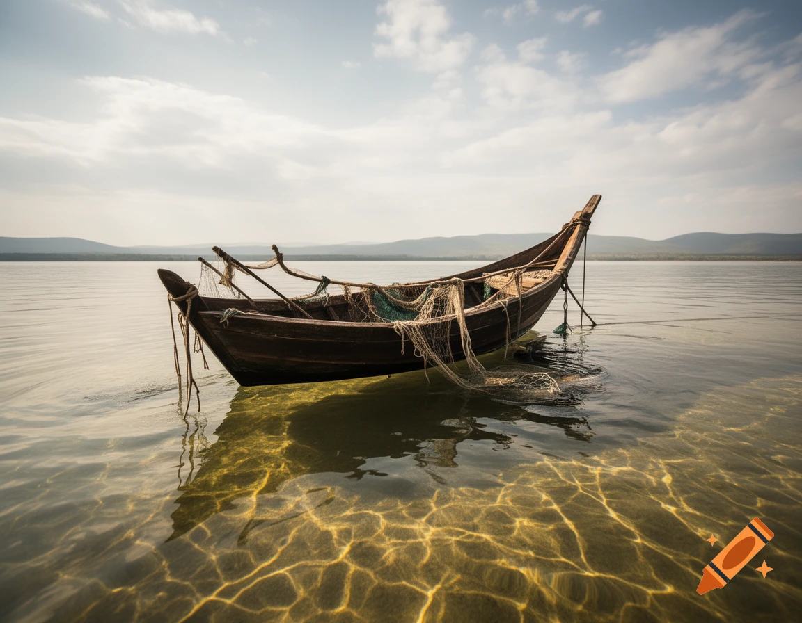 A rustic wooden fishing boat with nets sits partially submerged in a calm lake with sunlight patterns on the clear water, under a cloudy sky.
