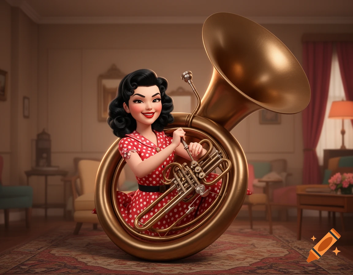 A retro-styled cartoon woman in a red polka dot dress smiles while sitting inside a large golden tuba in a living room.
