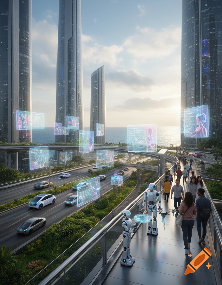 A bustling futuristic city with towering skyscrapers, self-driving cars on elevated highways, and people walking alongside robots and holographic displays.