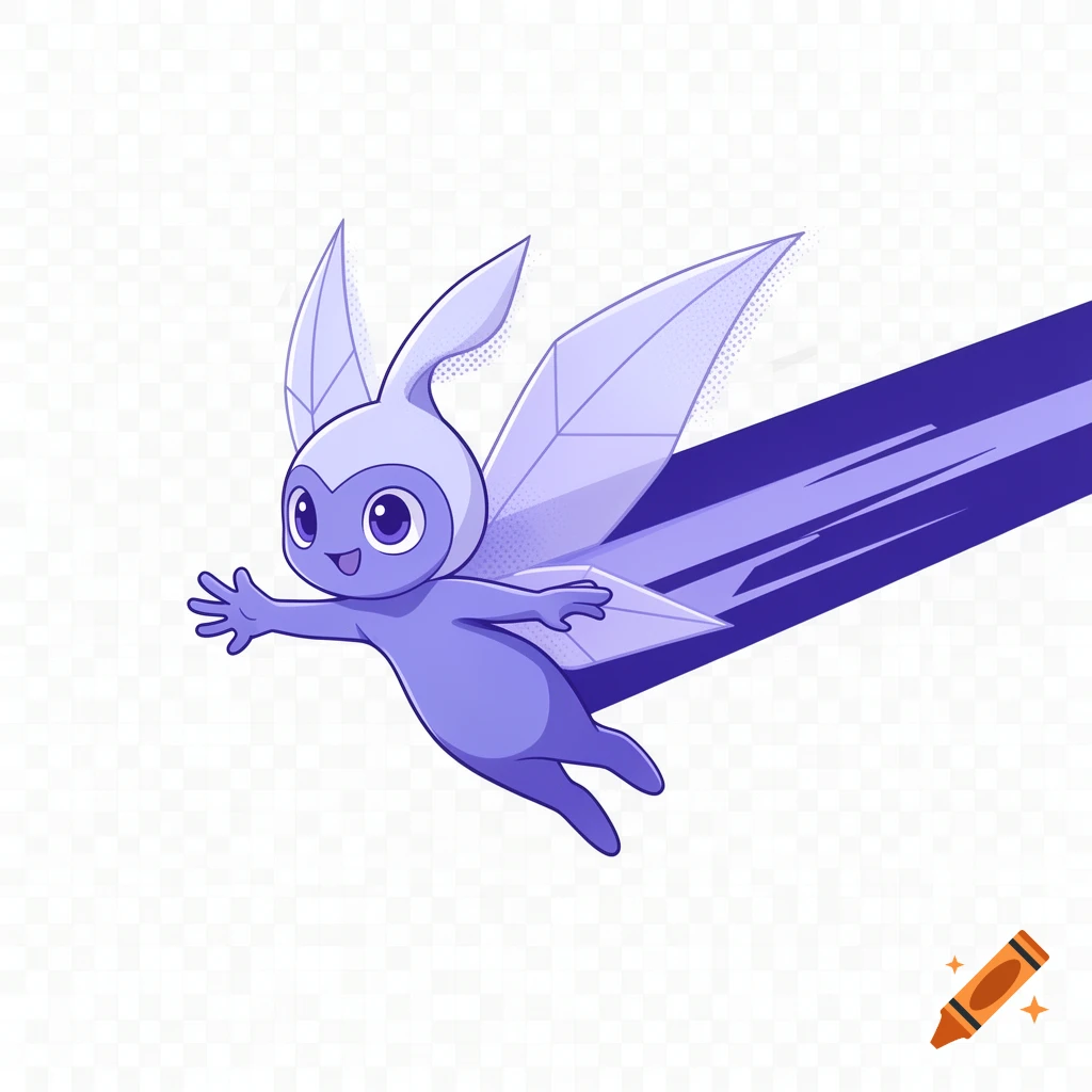 A cute purple fairy-esque sprite with geometric wings flying with an energy trail, in a flat vector illustration.