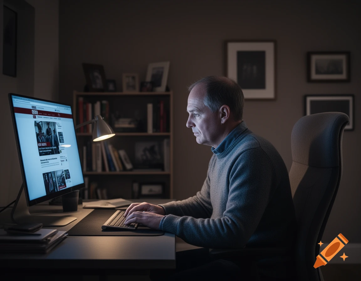 A middle-aged man sits in a dimly lit office, intently looking at a computer screen displaying a news website with the BBC logo, while typing on a keyboard. Photorealistic.