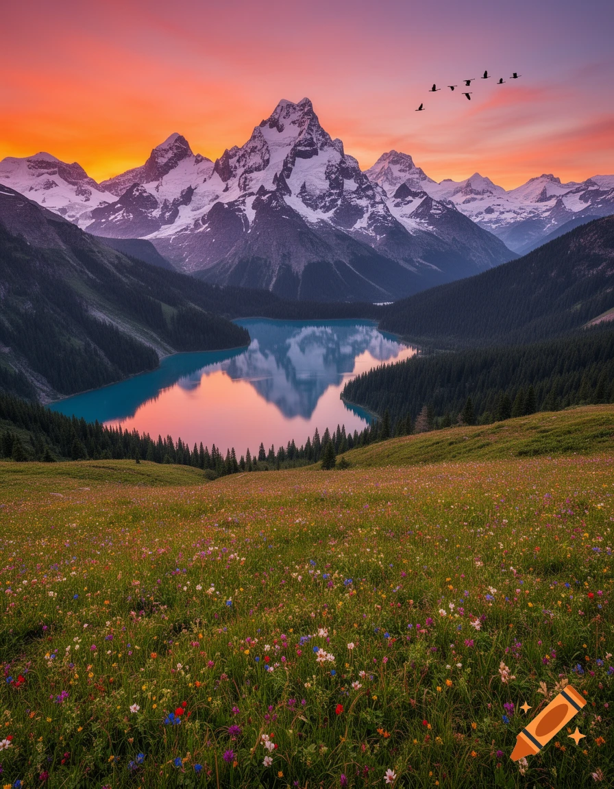 A vibrant sunset over a majestic mountain lake, surrounded by a wildflower meadow in the foreground.