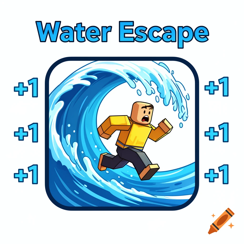 Roblox game icon with a blocky character in a yellow shirt running from a large blue wave. Text reads 'Water Escape' and '+1'.