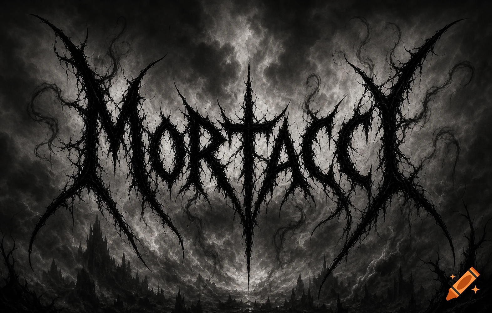 A black metal logo for "MORTACCI" in a thorny, intricate style against a dark, stormy, desolate landscape.