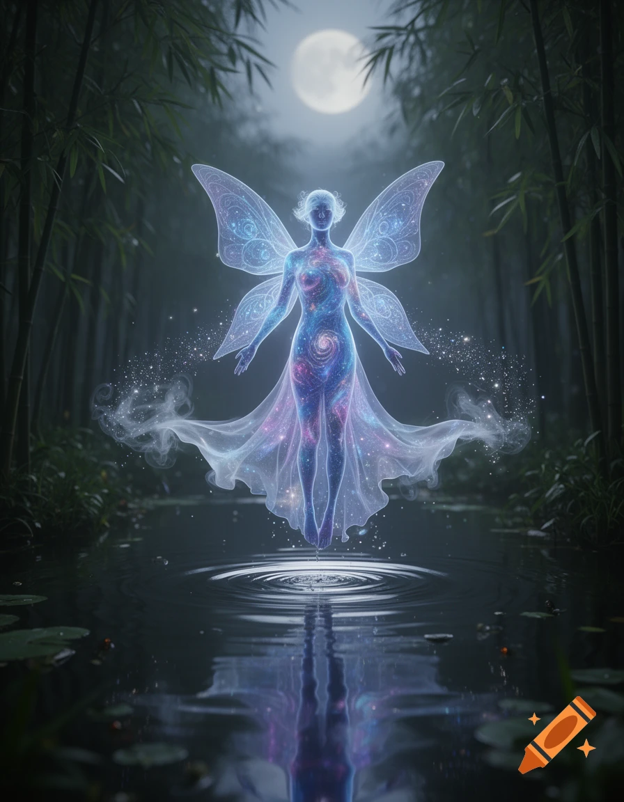 A glowing, ethereal fairy-like figure with translucent wings and a starry body floats above a dark reflective pool in a bamboo forest under a full moon.