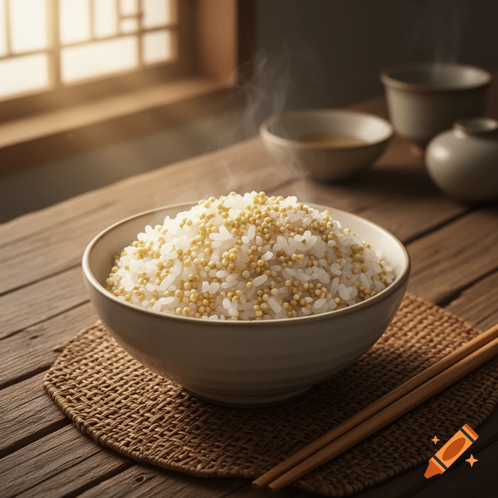 A bowl of steaming millet rice with chopsticks on a woven mat on a wooden table, with a window in the background.