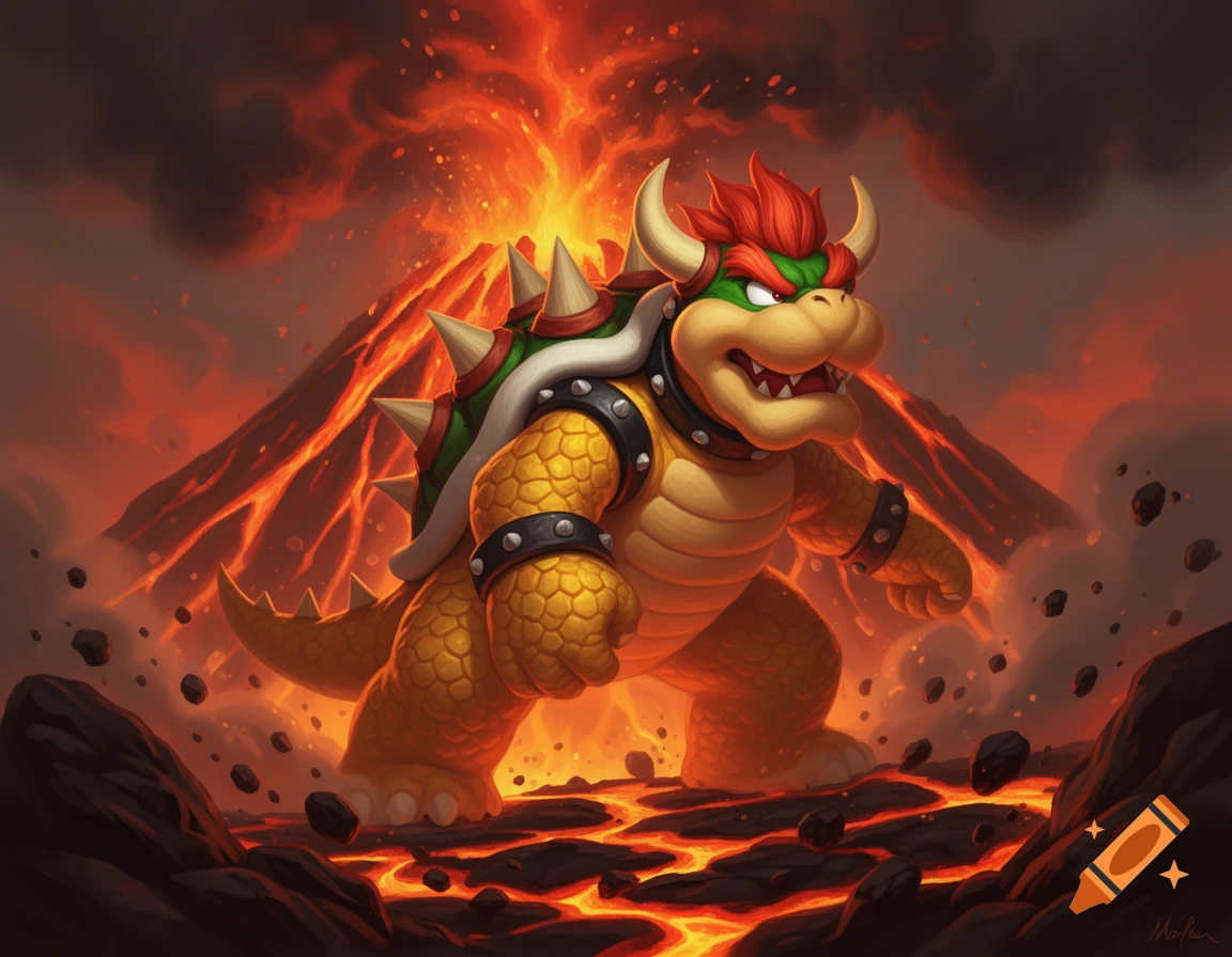 Bowser, a large spiked turtle-like creature, stands defiantly in a fiery volcanic landscape with lava flowing.