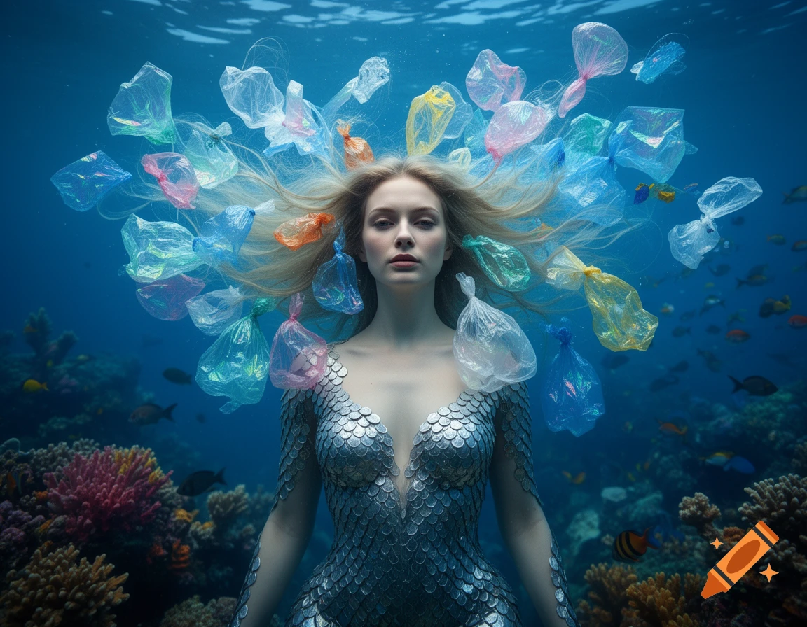 Photorealistic depiction of a sea goddess with blonde hair entwined with colorful plastic bags, swimming underwater among coral and fish.