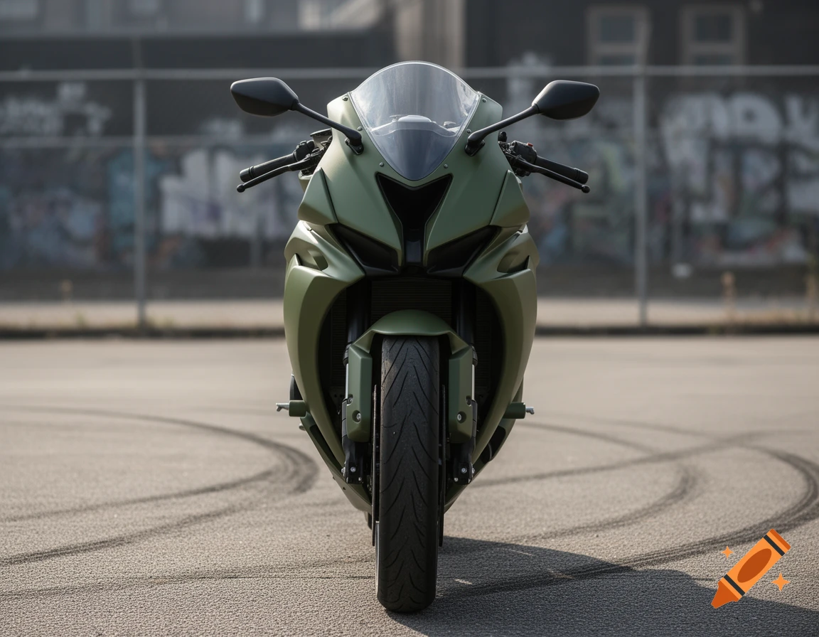 A military green sport motorcycle is parked head-on on asphalt with tire marks, in front of a blurred fence with graffiti.