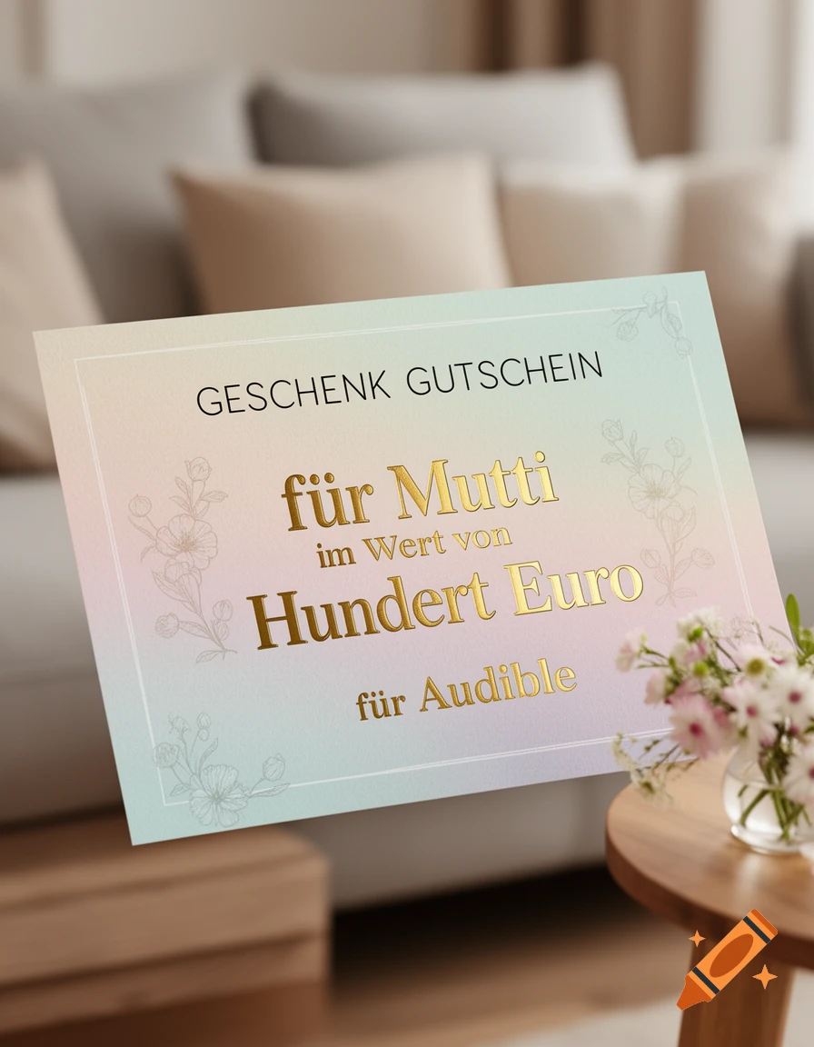 A gradient gift voucher with gold text for 'Mutti' for 100 Euros for Audible in a home setting.