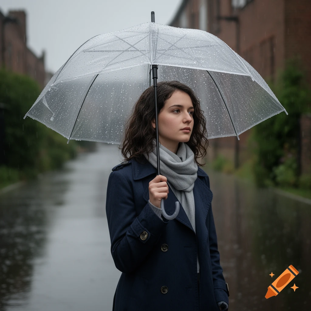 A woman with dark curly hair in a navy coat and grey scarf stands in the rain holding a clear umbrella, looking to the side.