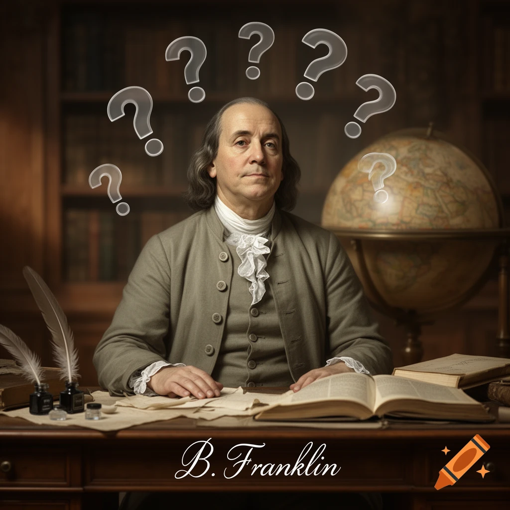 Benjamin Franklin sits at a desk in a study, surrounded by floating question marks, with his signature below.