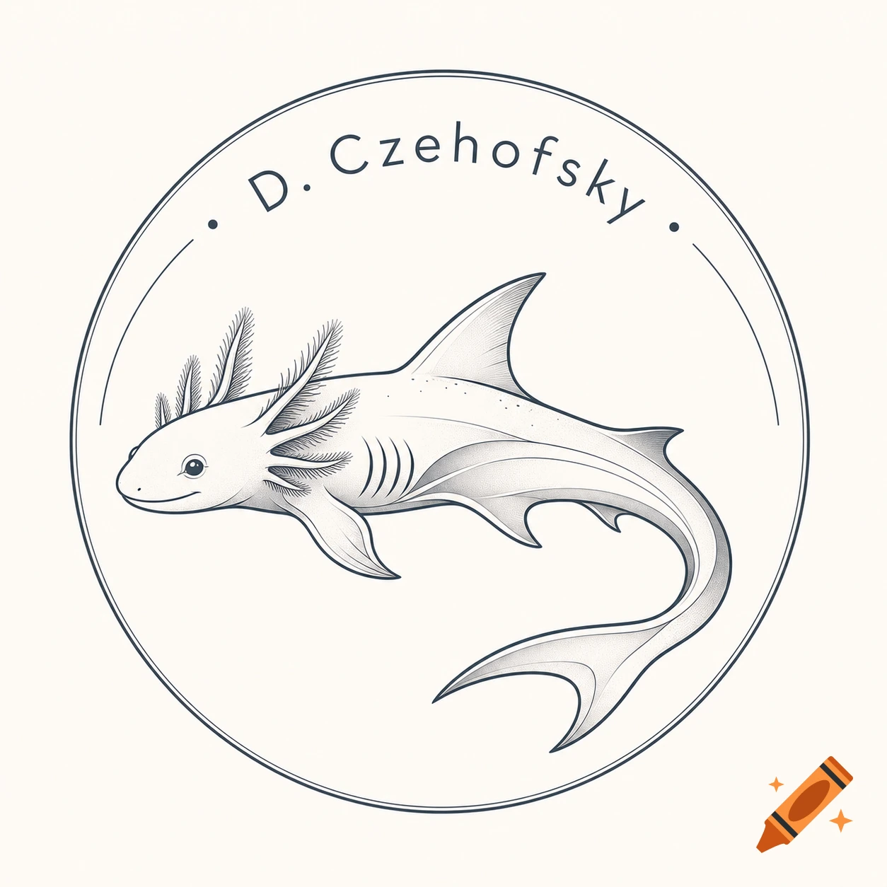 A black and white line art logo featuring an axolotl-shark hybrid creature within a circle, with the name "D. Czehofsky" above it.