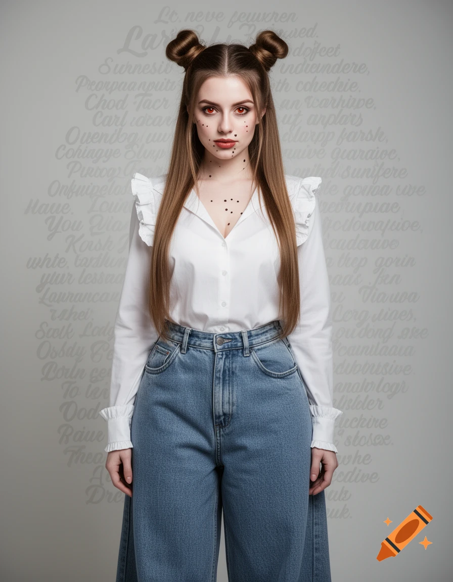 A young woman with space buns and red eyes, covered in moles, wears a white frilled shirt and baggy jeans, against faded gibberish text.