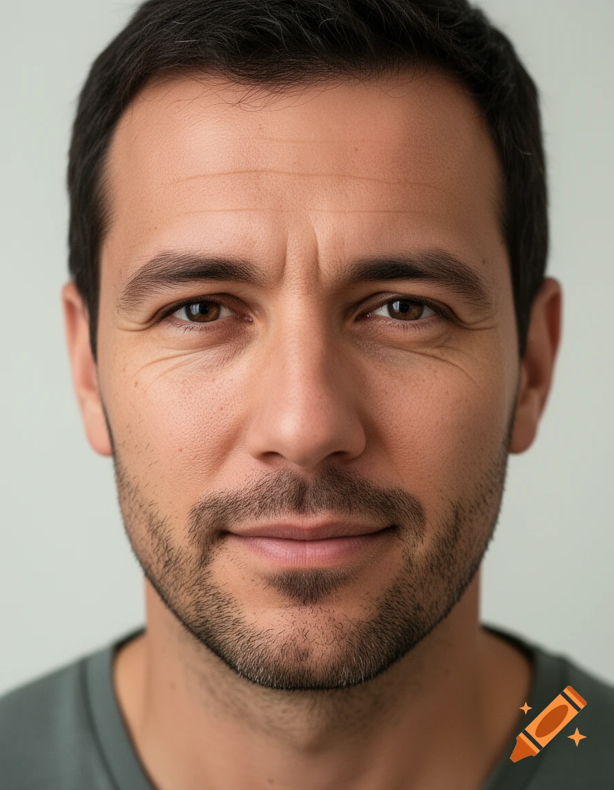 Close-up photorealistic portrait of a man with dark hair, stubble, and minor wrinkles, against a plain background.
