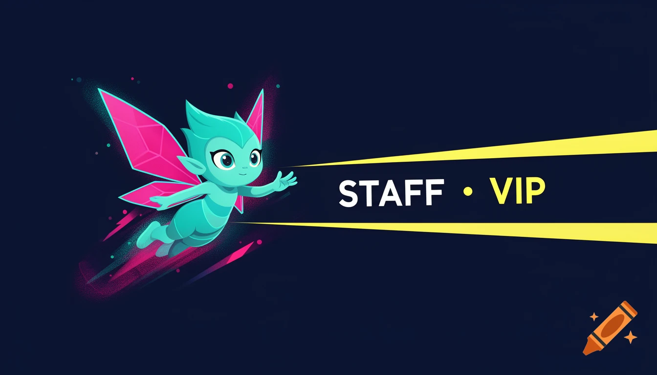 A stylized teal fairy-like sprite with pink geometric wings flies forward, an energy trail leading to a yellow stripe displaying 'STAFF  VIP' on a dark navy background.