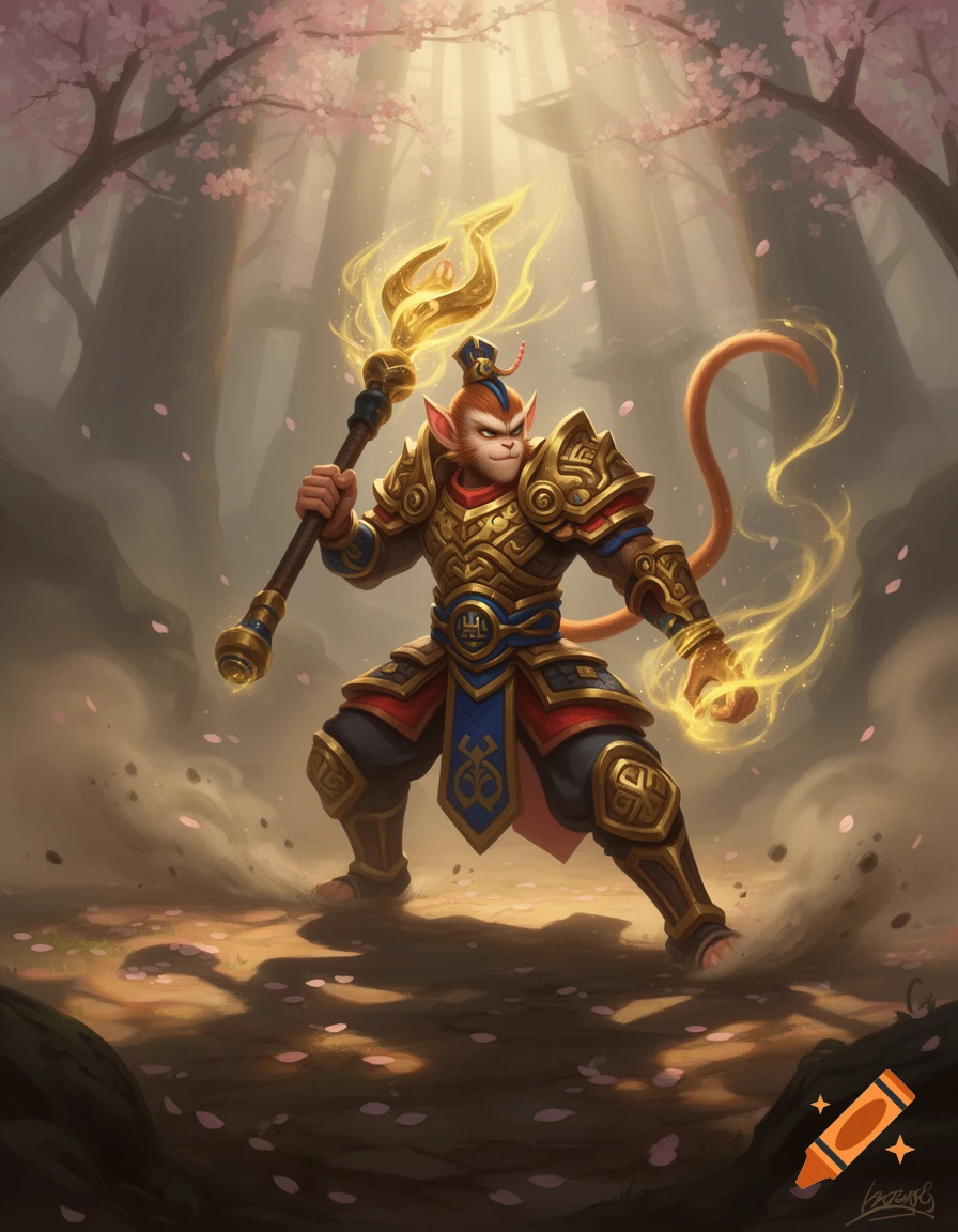 A monkey-like warrior in elaborate golden armor and a crown, wielding a glowing golden staff, stands in a mystical forest with pink cherry blossoms and light rays.