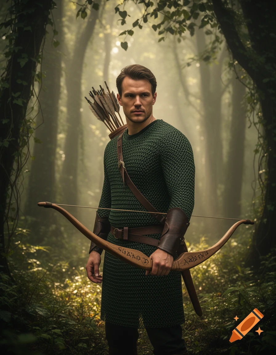 A handsome male ranger in dark green chainmail armor with a quiver of arrows on his back holds a longbow in a misty, sunlit forest.