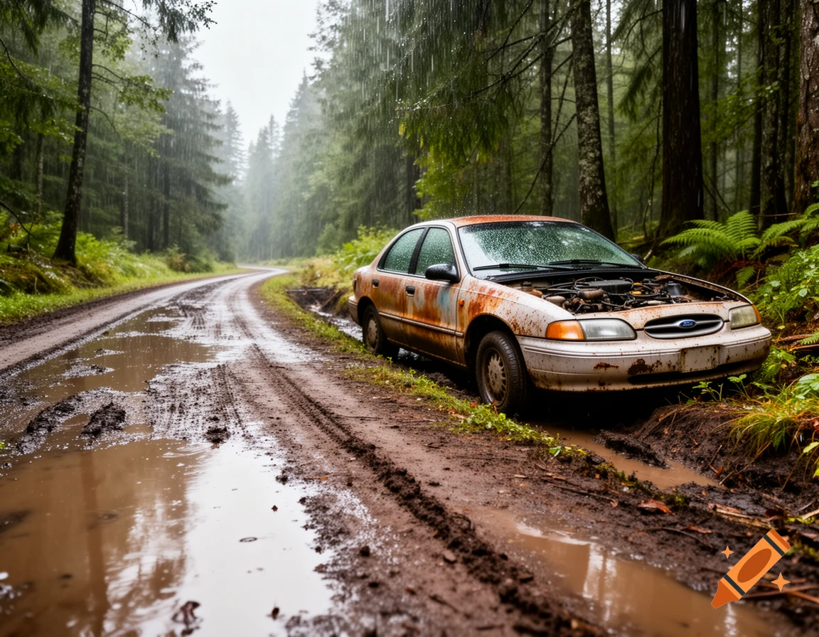 A rusty, dented 1993 Ford Taurus with its hood open, abandoned on a muddy dirt road in a dense forest during heavy rain.