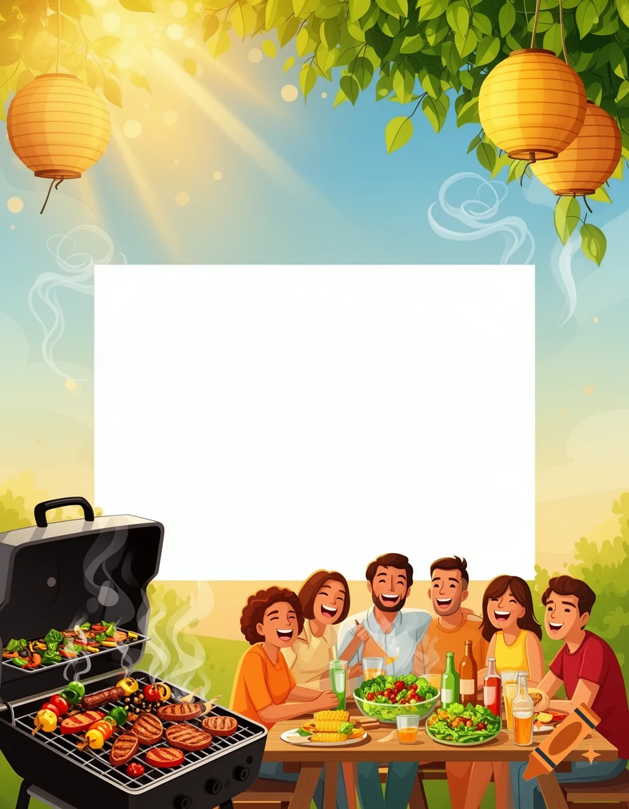A colorful illustration of a summer BBQ with people dining at a picnic table, food grilling, and a blank white space for text.