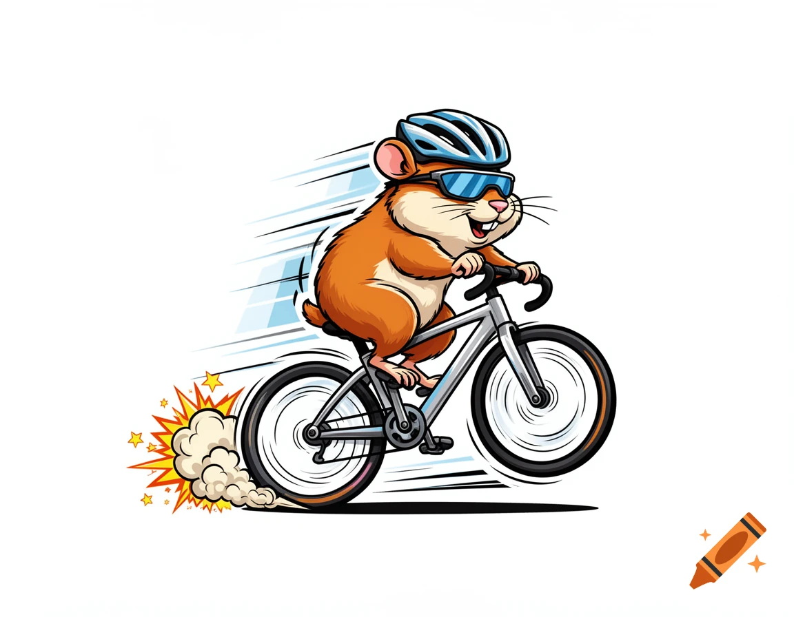 Cool cartoon hamster in sunglasses and helmet rapidly cycling a racing bike, with comic speed lines and a dust cloud.