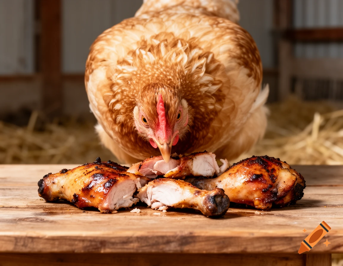 A live brown and white chicken pecks at pieces of cooked chicken on a wooden table, with hay in the background.