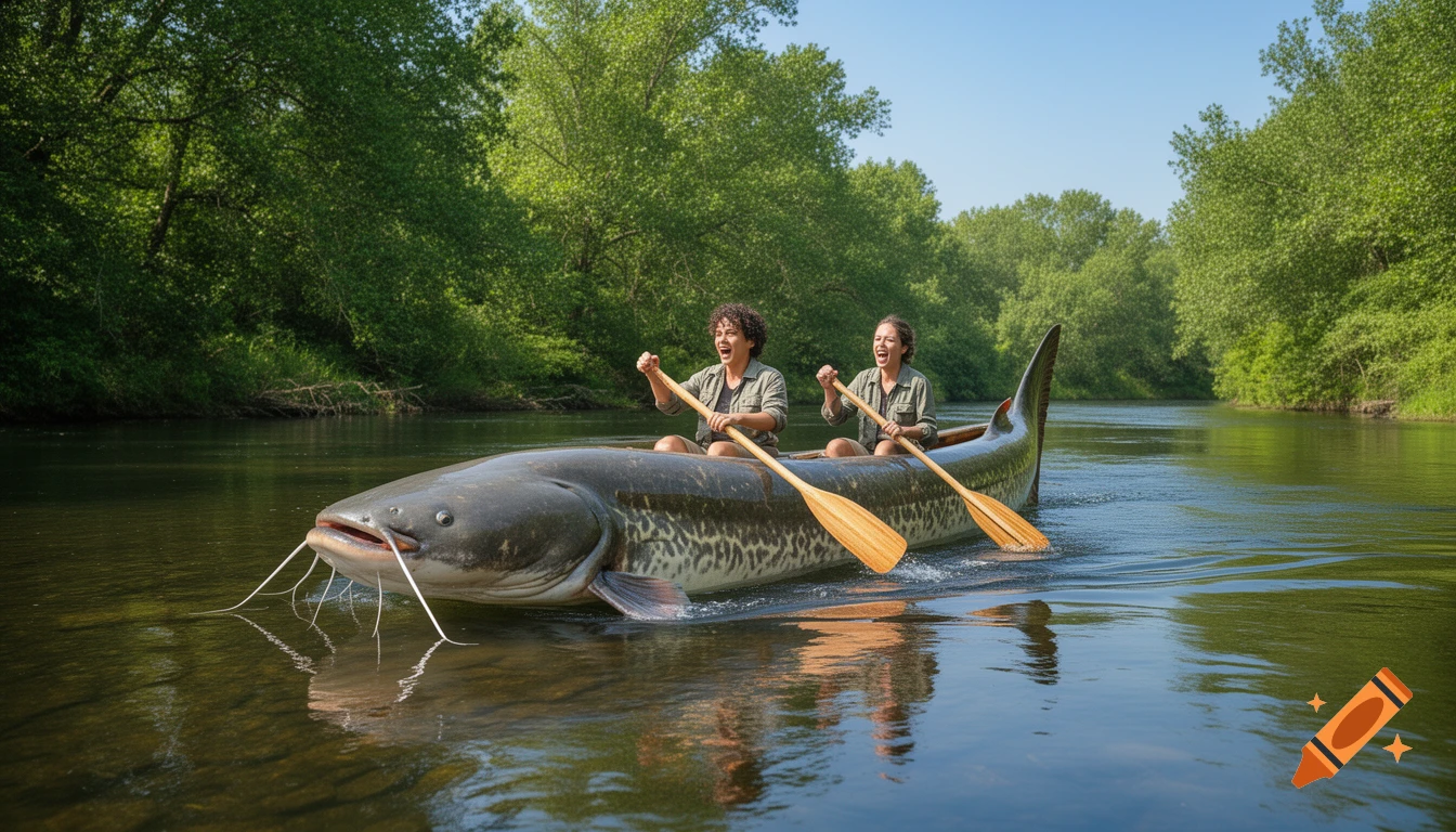 Two people paddle a large catfish-shaped boat down a river surrounded by lush green trees on a sunny day.