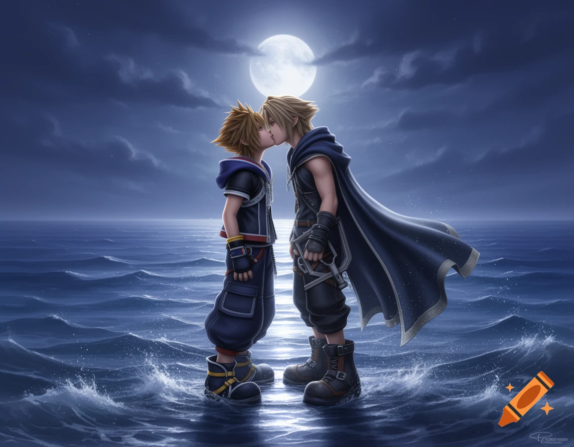 Sora and Riku from Kingdom Hearts kiss standing in the moonlight ocean, waves splashing around them, in an anime style.