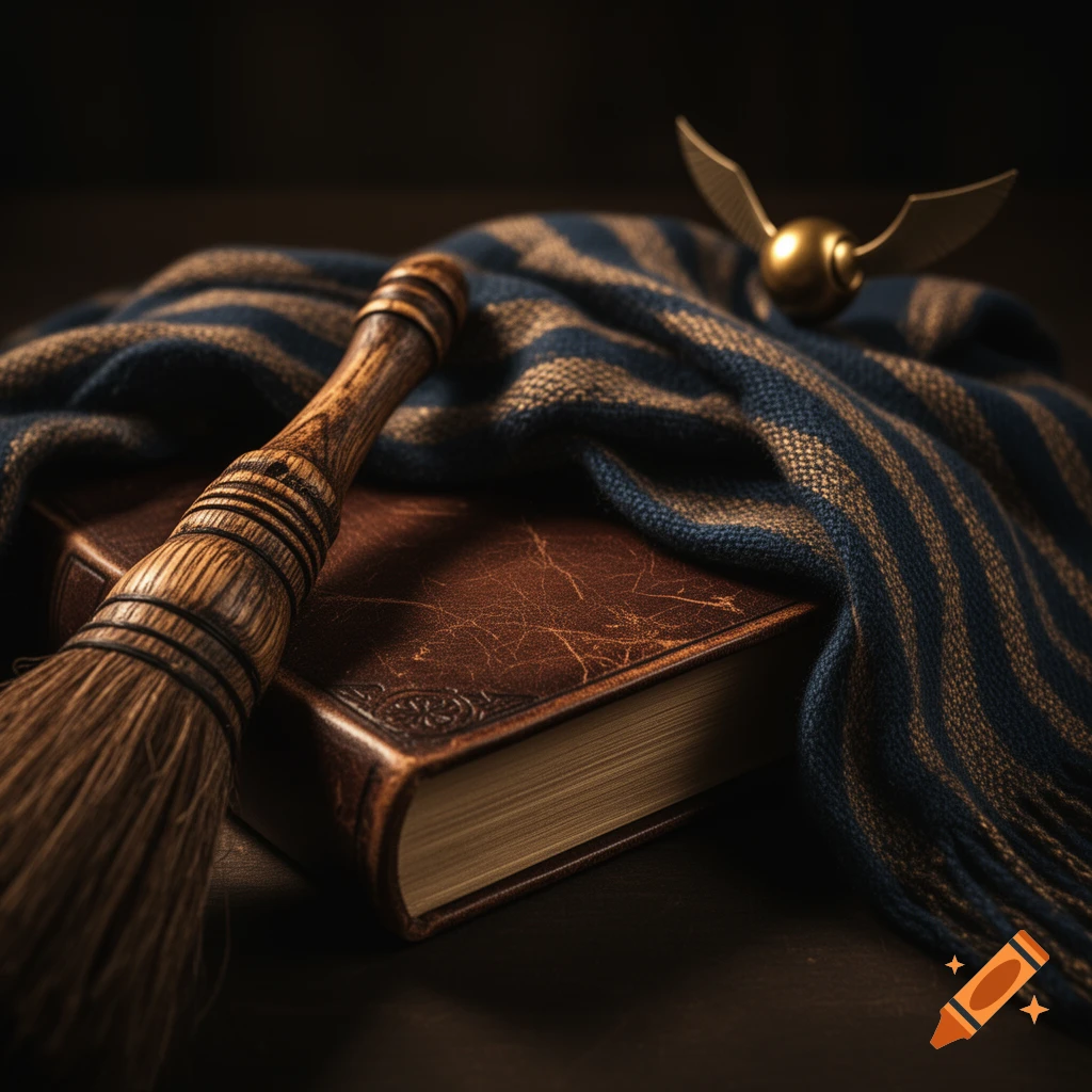 A vintage wooden broomstick, a blue and bronze striped scarf, and a golden snitch resting on a leather-bound book, in dark academia style.