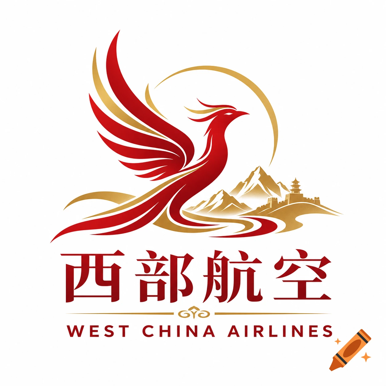 Red and gold phoenix logo with mountains, a traditional Chinese building, and text '西部航空 WEST CHINA AIRLINES'.