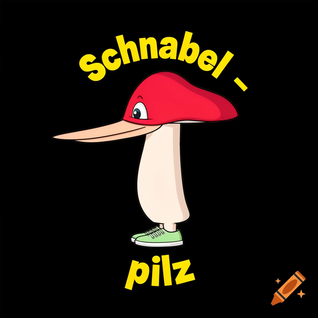 Cartoon mushroom character with a long beak, red cap, sneakers, and the German text 'Schnabel - pilz' on a black background.