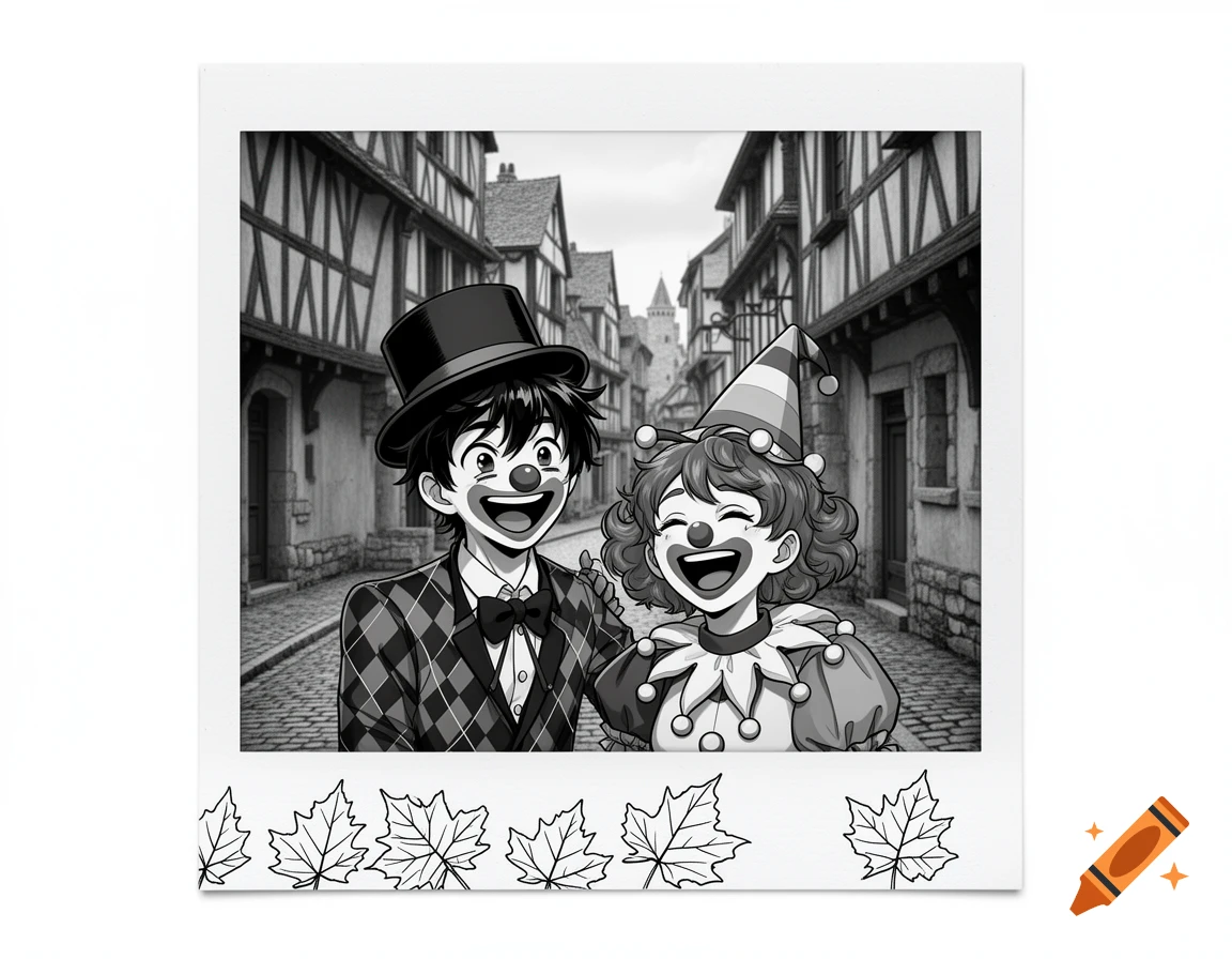 Black and white comic illustration of two laughing clowns in a medieval town, framed like a Polaroid photo with leaf art.