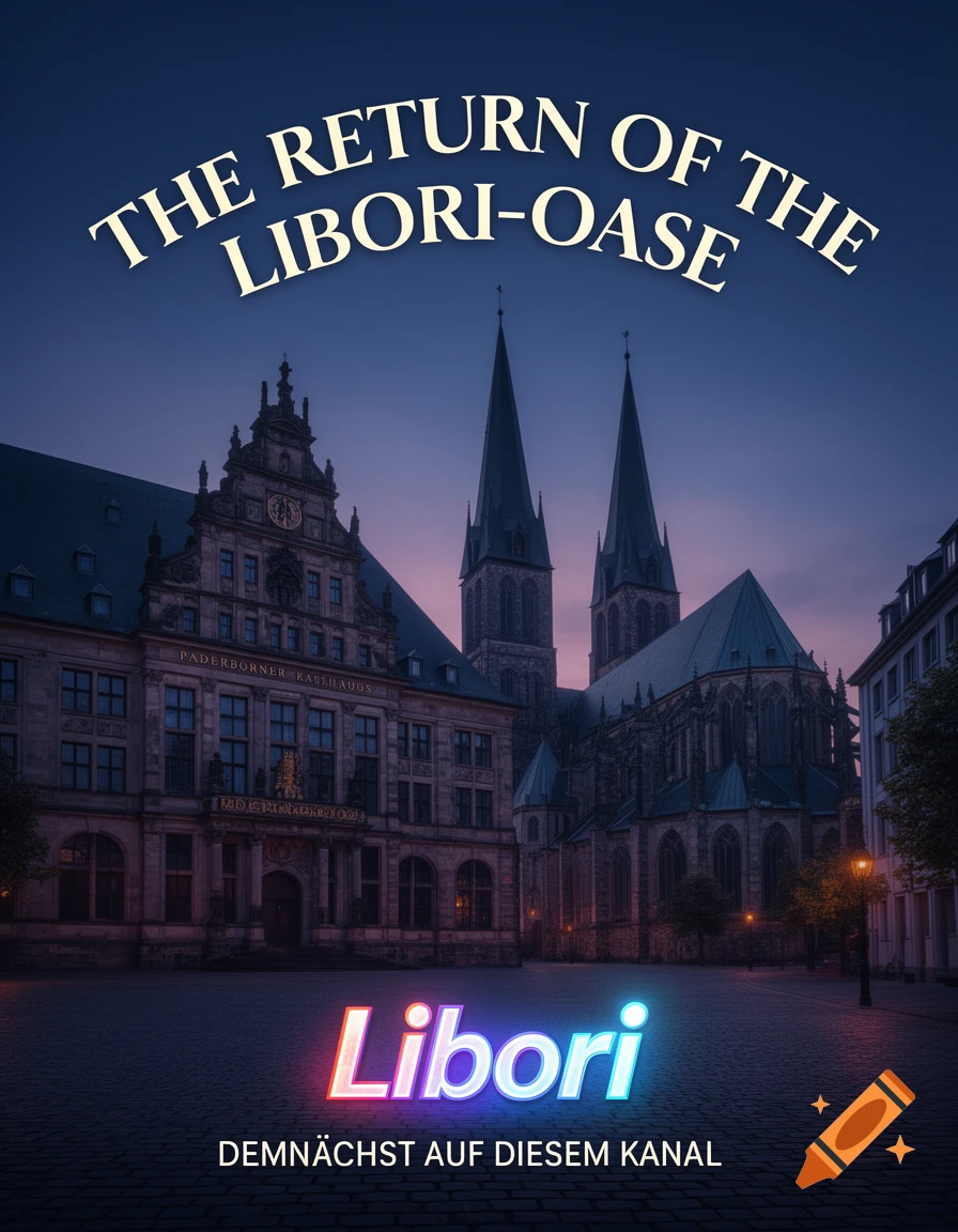 A cinematic poster featuring text "The Return of the Libori-Oase" above a night view of Paderborn's historic Rathaus and Dom. The word "Libori" glows neon, with "Demnächst auf diesem Kanal" below.