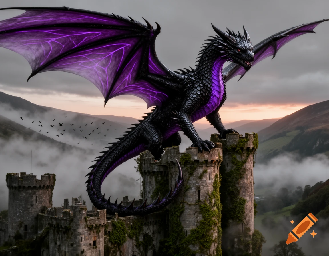 A majestic black dragon with glowing purple wings and underbelly perched atop a moss-covered stone castle, overlooking a misty valley at sunset.