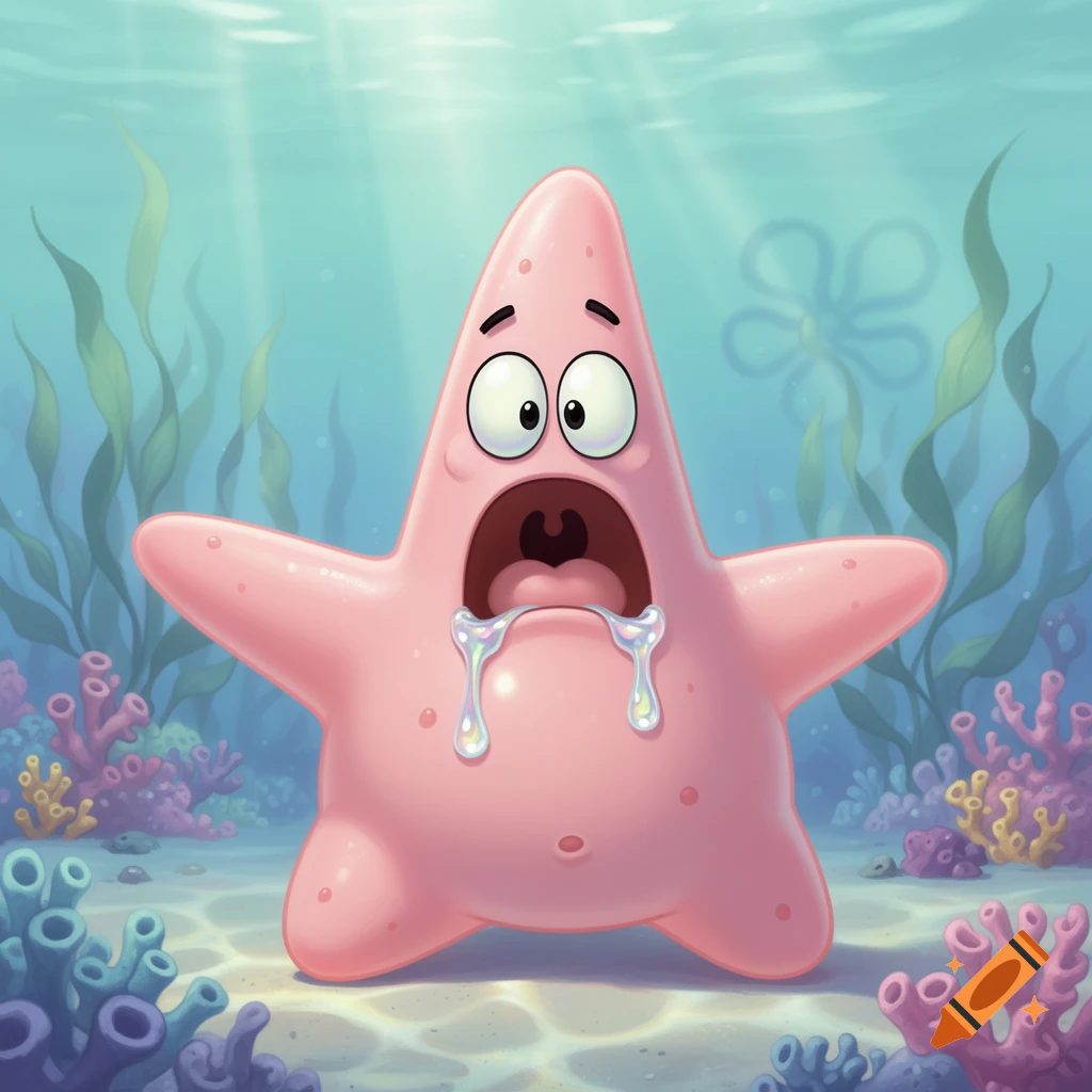 Cartoon Patrick Star from SpongeBob looks surprised and drooling underwater among coral and seaweed.