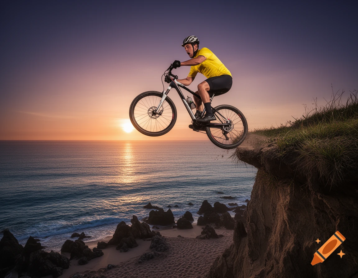 A cyclist on a mountain bike jumps off a cliff above the ocean at sunset, in a dramatic photorealistic shot.