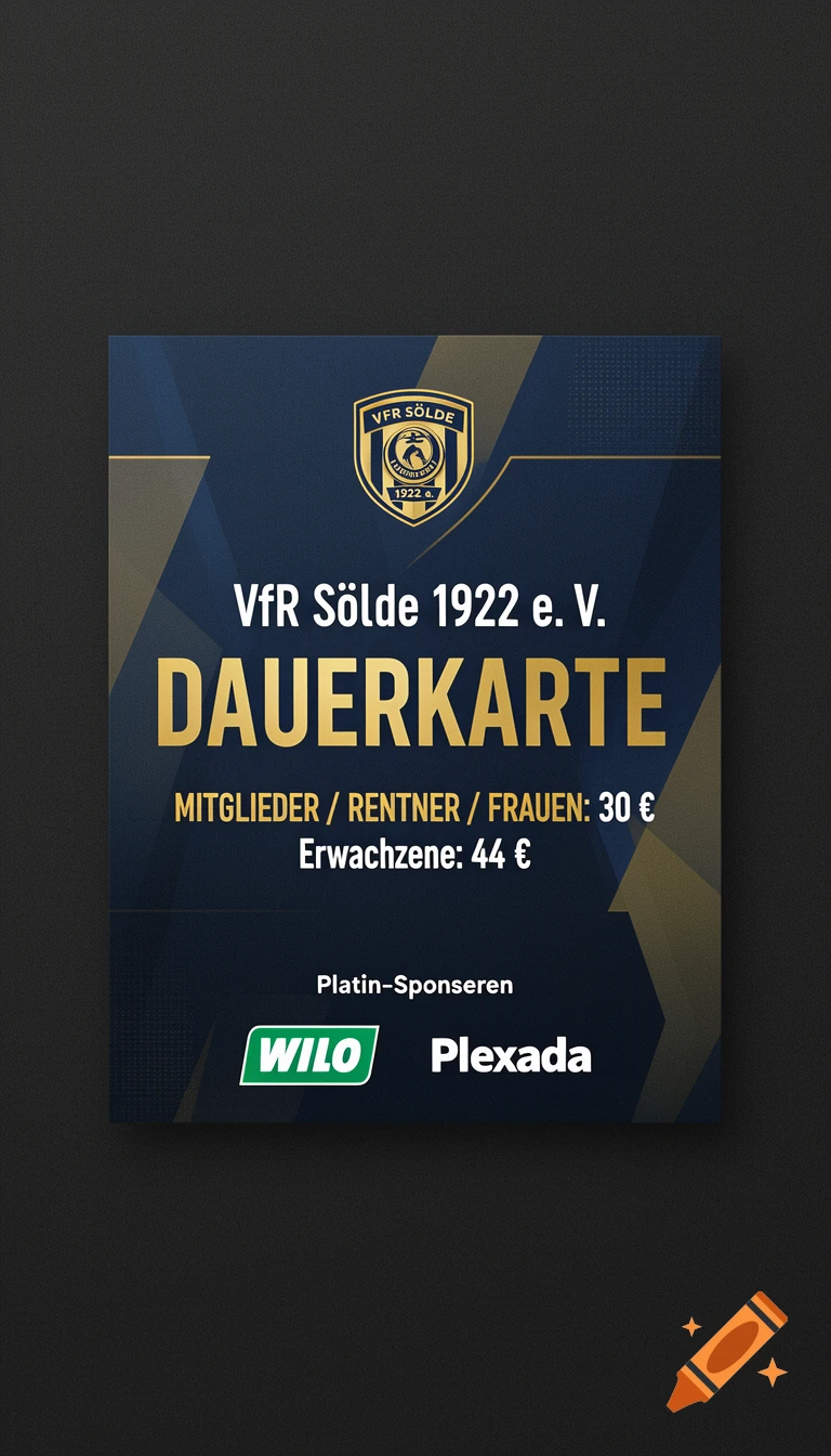 A promotional flyer in dark blue and gold for the VfR Sölde sports club, detailing season ticket prices and sponsor logos.
