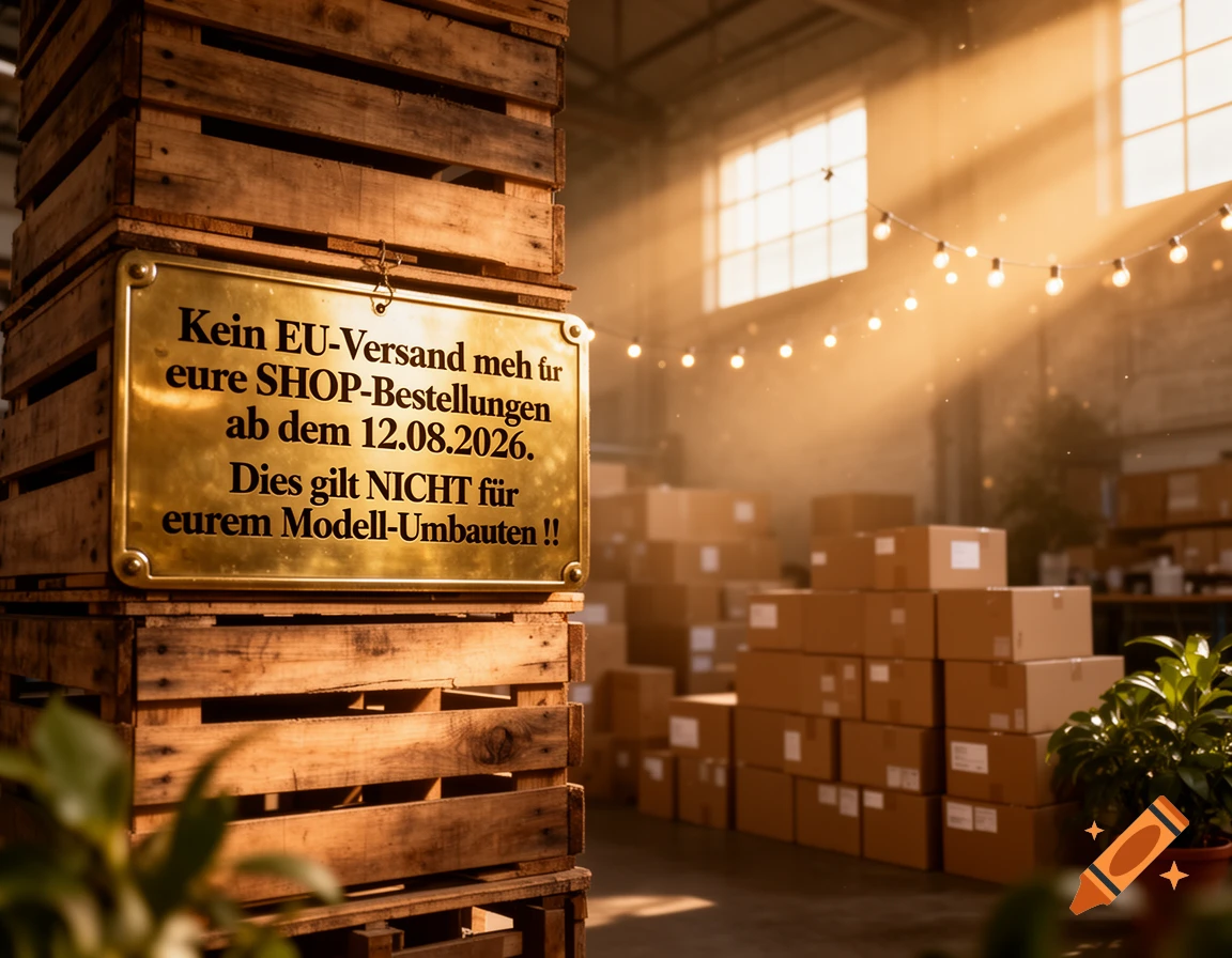 A golden sign on a stack of wooden crates in a sunlit warehouse, with cardboard boxes in the background. The sign has German text.