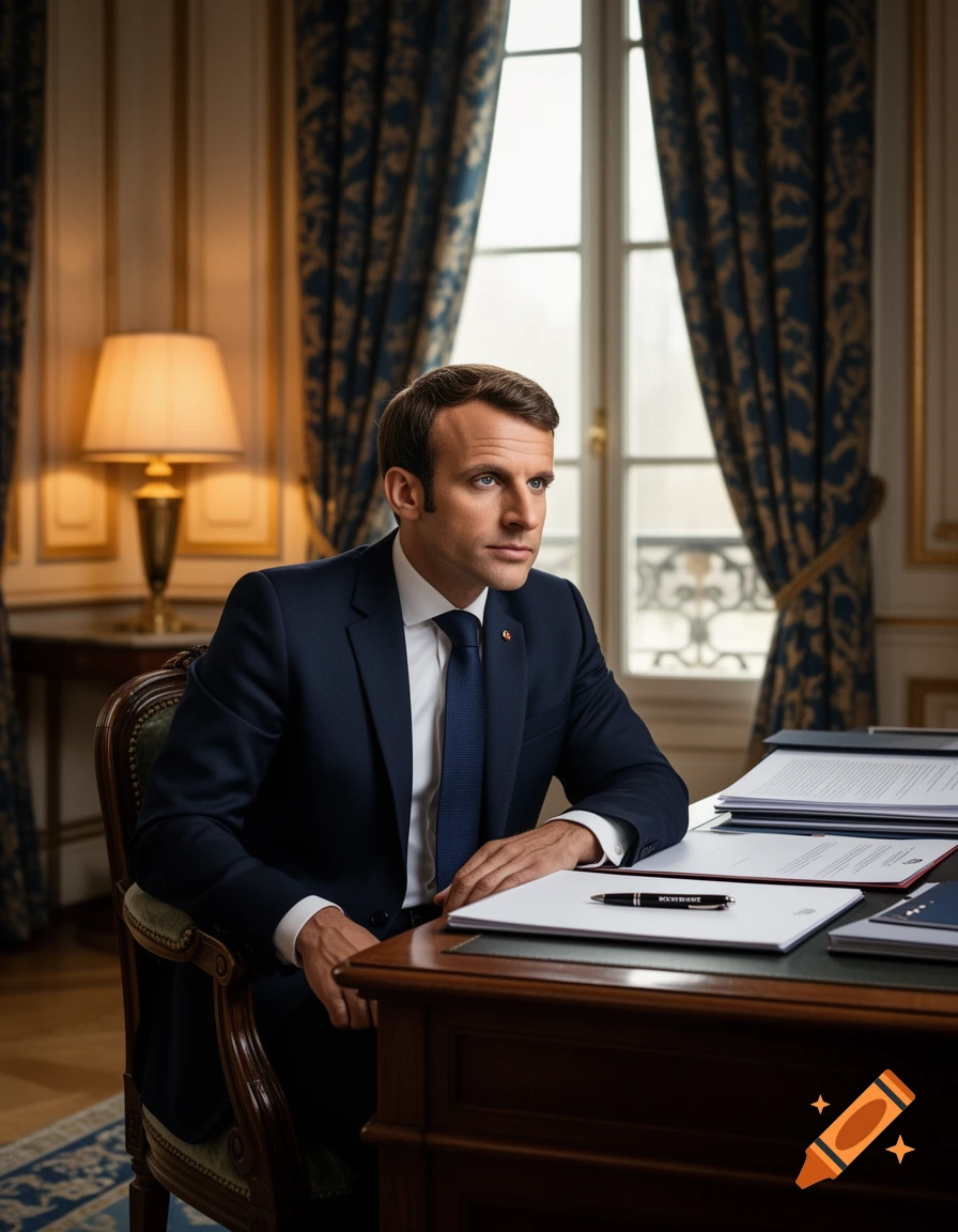 Photorealistic portrait of Emmanuel Macron sitting at an ornate wooden desk in a formal office, looking thoughtfully to the right.