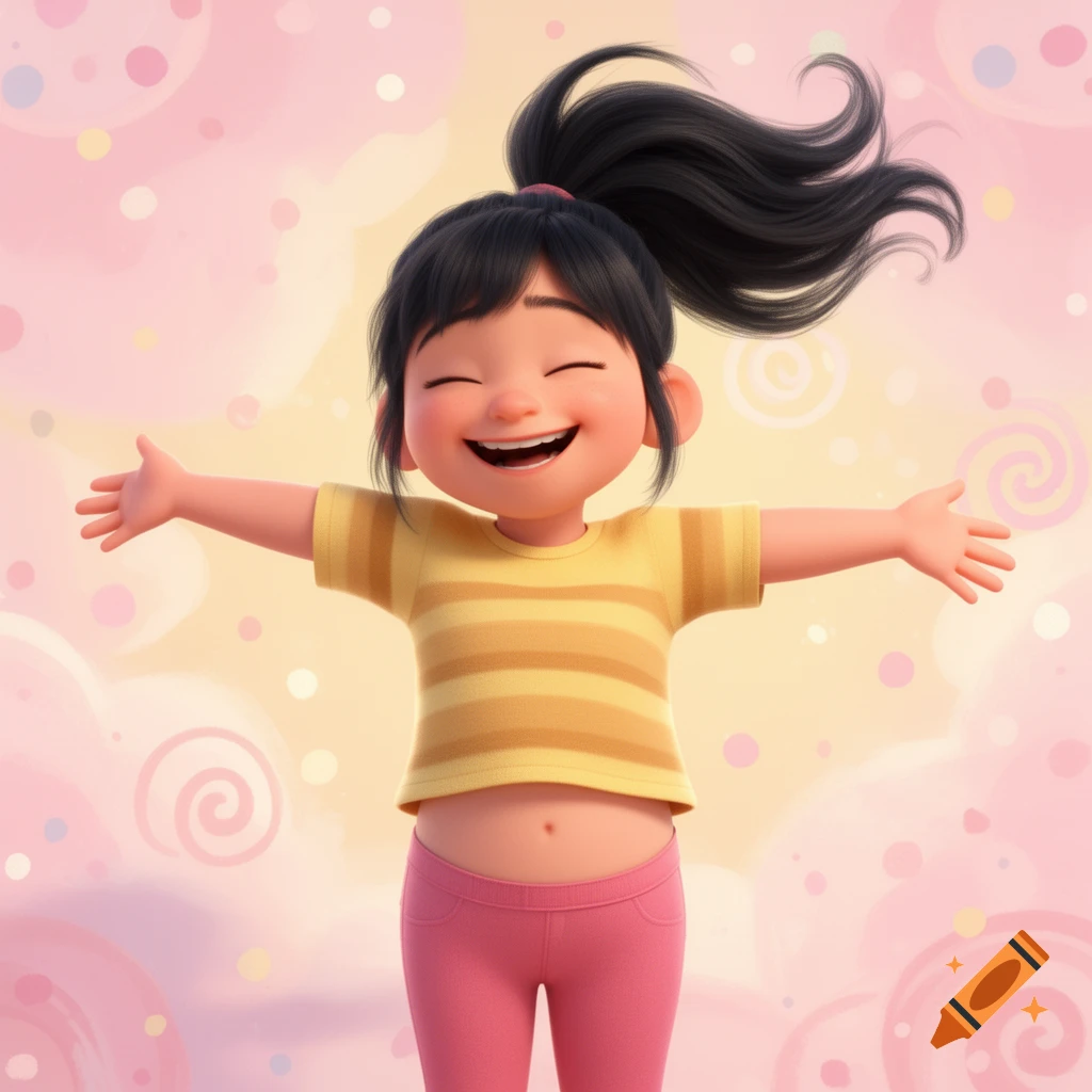 A happy 3D animated girl with dark hair and a ponytail, wearing a yellow striped shirt and pink pants, stands with arms open wide.