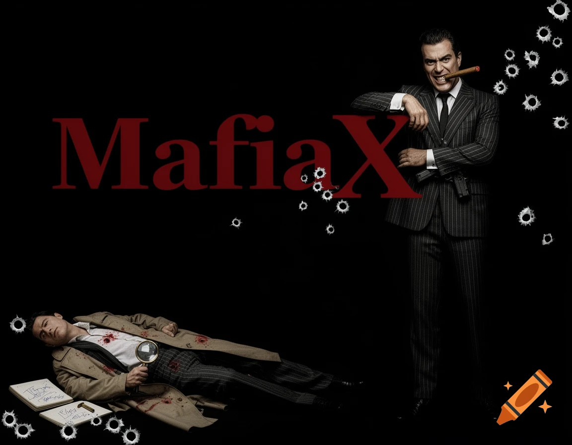 A smiling mafia man in a pinstripe suit, holding a cigar and a gun, stands over a fallen detective on a black background with bullet holes and the text 'MafiaX'.