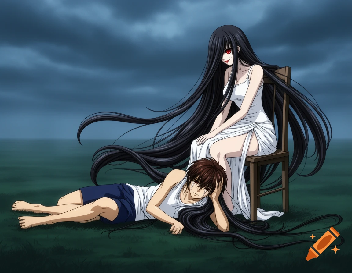 Anime drawing of a long-haired woman in white sitting on a chair, looking at a sad man in a tank top lying on the grass with her hair around him under a dark sky.