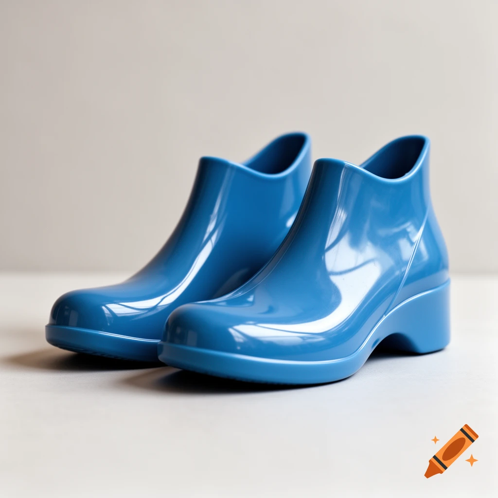 Two shiny blue rubber boots with a slight heel, set against a light, neutral background.