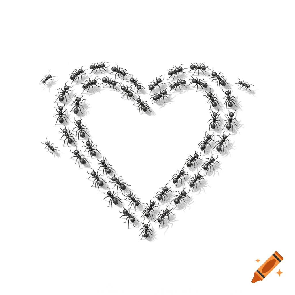Black ants forming a heart shape on a white background.
