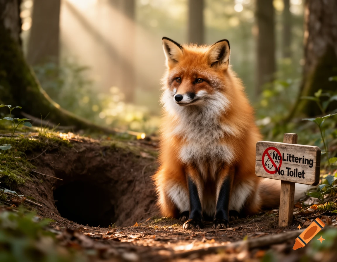 Photorealistic red fox sitting by its burrow next to a 'No Littering No Toilet' sign in a sunlit forest.
