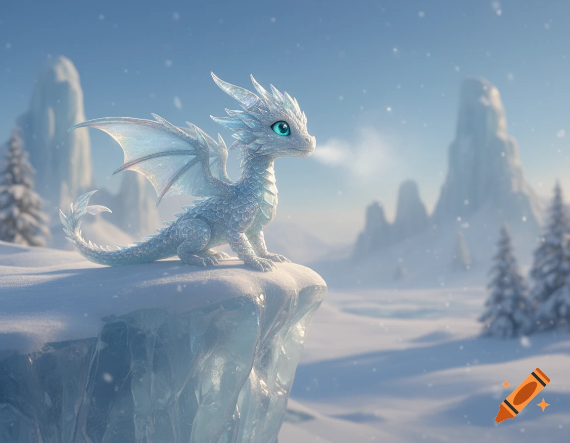 A cute, detailed ice dragon with blue eyes perches on a snowy ice cliff in a winter landscape with distant mountains, breathing out mist.