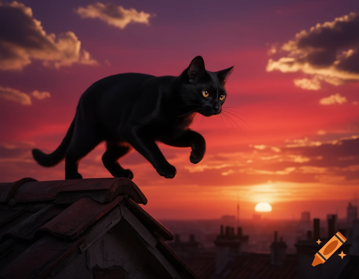 A black cat walks stealthily on a tiled rooftop against a vibrant red and purple sunset over a city skyline.