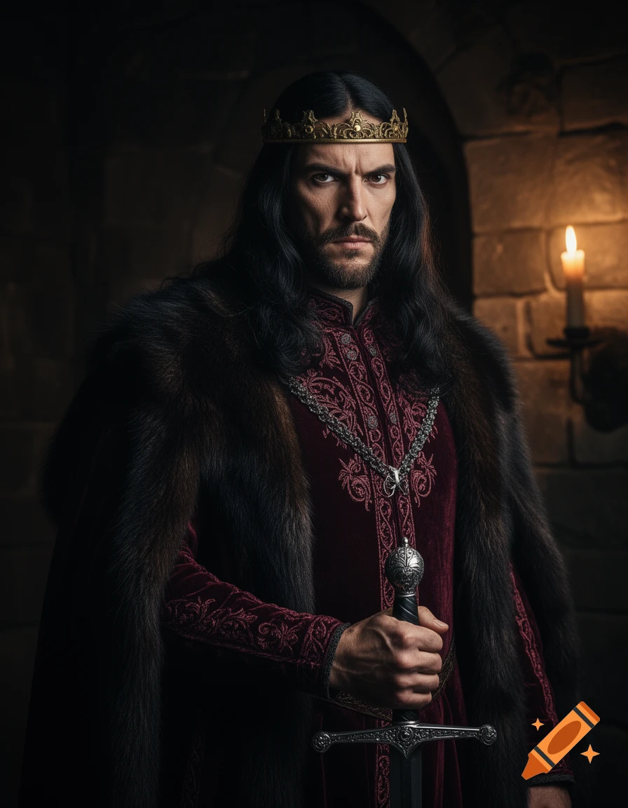 A stern man with long dark hair and a beard, wearing a gold crown, red tunic, and fur cape, holding a sword in a dimly lit castle.