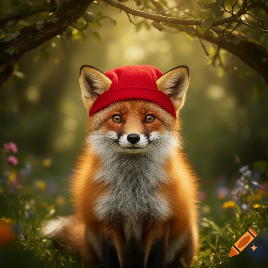 A cute red fox wearing a red hat sits amidst wildflowers in a sunlit forest, looking directly forward.