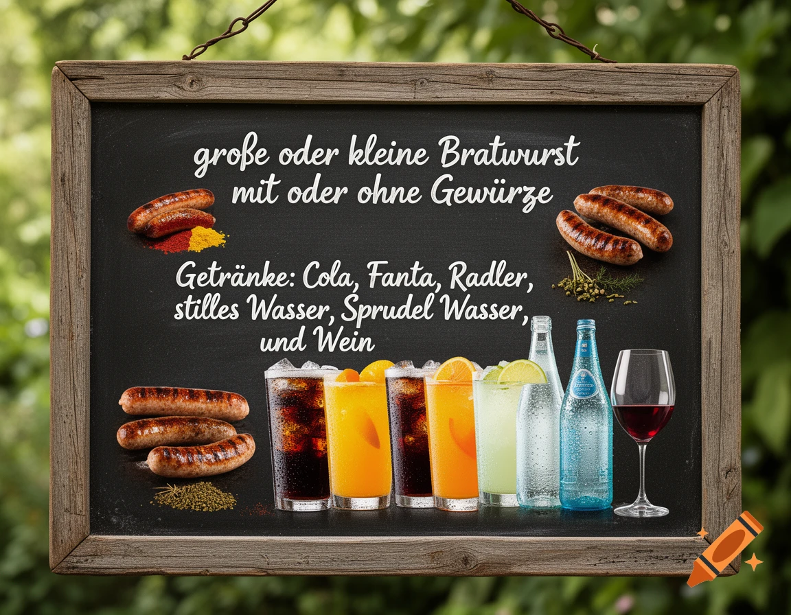 A chalkboard menu displays options for bratwurst with or without spices, and various drinks, accompanied by images of sausages, spices, soft drinks, water, and red wine against a green background.